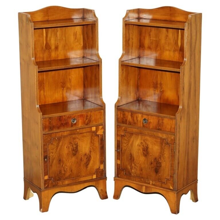 PAIR OF VINTAGE ENGLISH FLAMED MAHOGANY WATERFALL BOOKCASES WITH CUPBOARD BASES