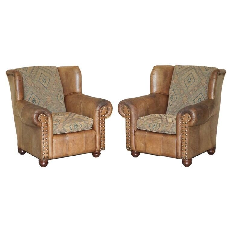 PAIR OF VINTAGE THOMAS LLOYD BROWN LEATHER KILIM ARMCHAIRS FROM SCOTTISH CASTLE