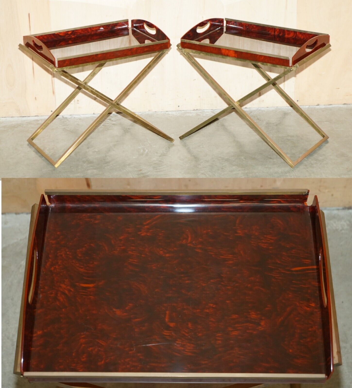 RARE PAIR OF MAISON MERCIER CIRCA 1970 FRENCH TRAY TABLES IN FAUX TORTOISE SHELL