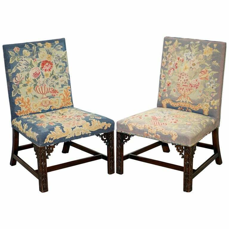 RARE PAIR OF THOMAS CHIPPENDALE PERIOD 1760 EMBROIDERED CHAIRS ORNATELY CARVED