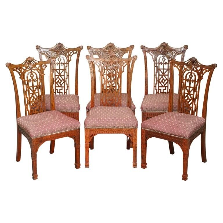 SIX EXQUISITE VINTAGE THOMAS CHIPPENDALE CHINESE PAGODA TOP DINING CHAIRS