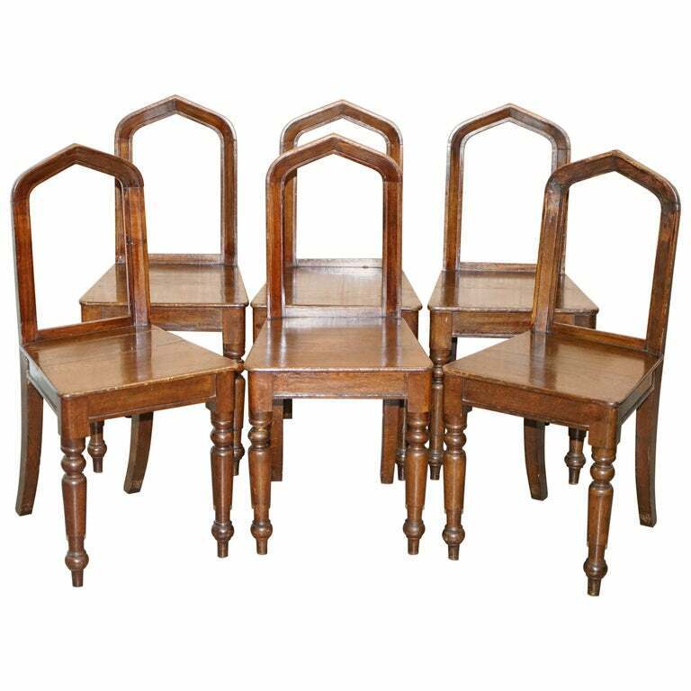 SIX ORIGINAL VICTORIAN CIRCA 1890 STEEPLE BACK GOTHIC ARCH OAK DINING CHAIRS 6