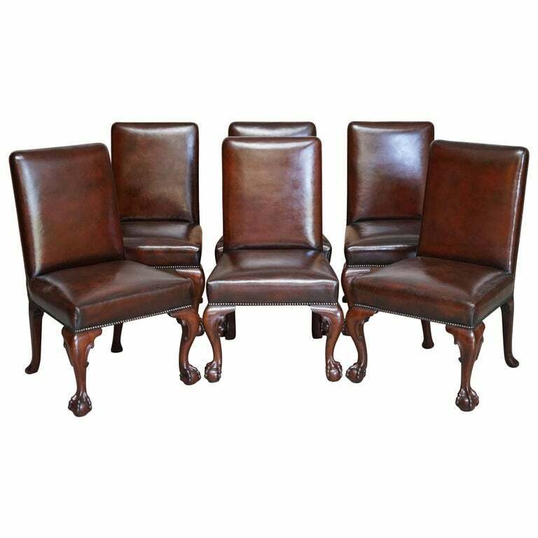 SIX STUNNING FULLY RESTORED BROWN LEATHER MAHOGANY CLAW & BALL DINING CHAIRS 6