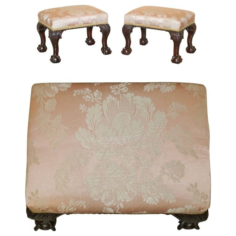 SUBLIME PAIR OF ANTIQUE VICTORIAN CLAW & BALL MAHOGANY FRAMED SMALL FOOTSTOOLS