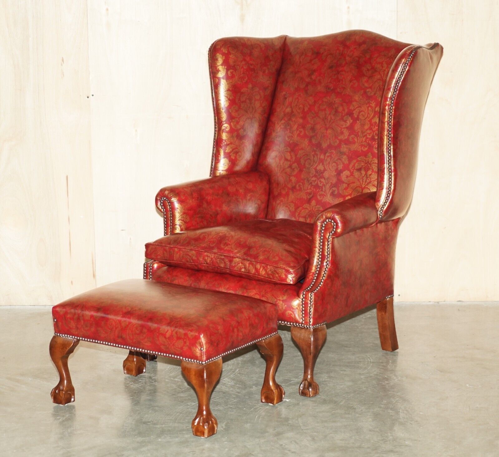 VINTAGE OXBLOOD CLAW & BALL FEET DAMASK LEATHER WINGBACK ARMCHAIR & FOOTSTOOL