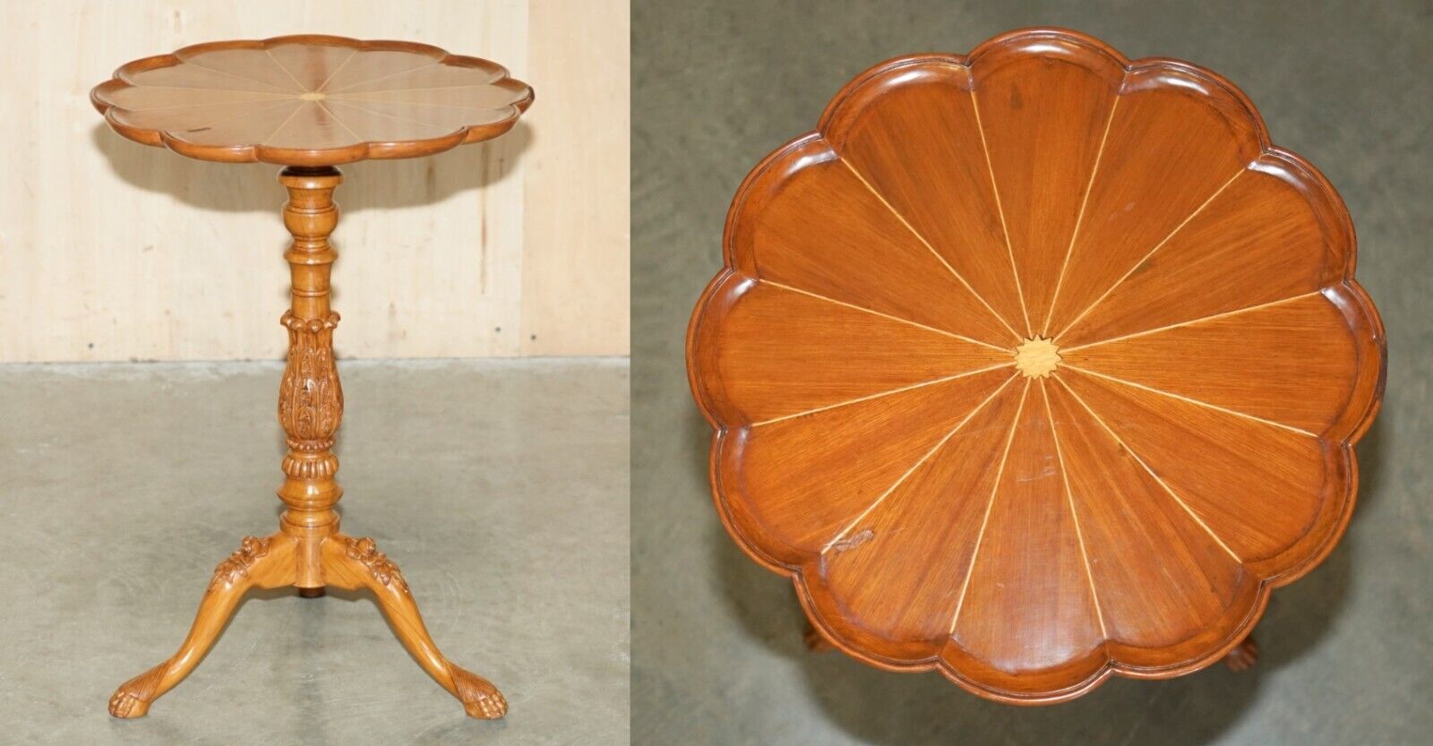 A MUST SEE VINTAGE ORNATELY HAND CARVED TRIPOD SIDE TABLE IN SATINWOOD & WALNUT