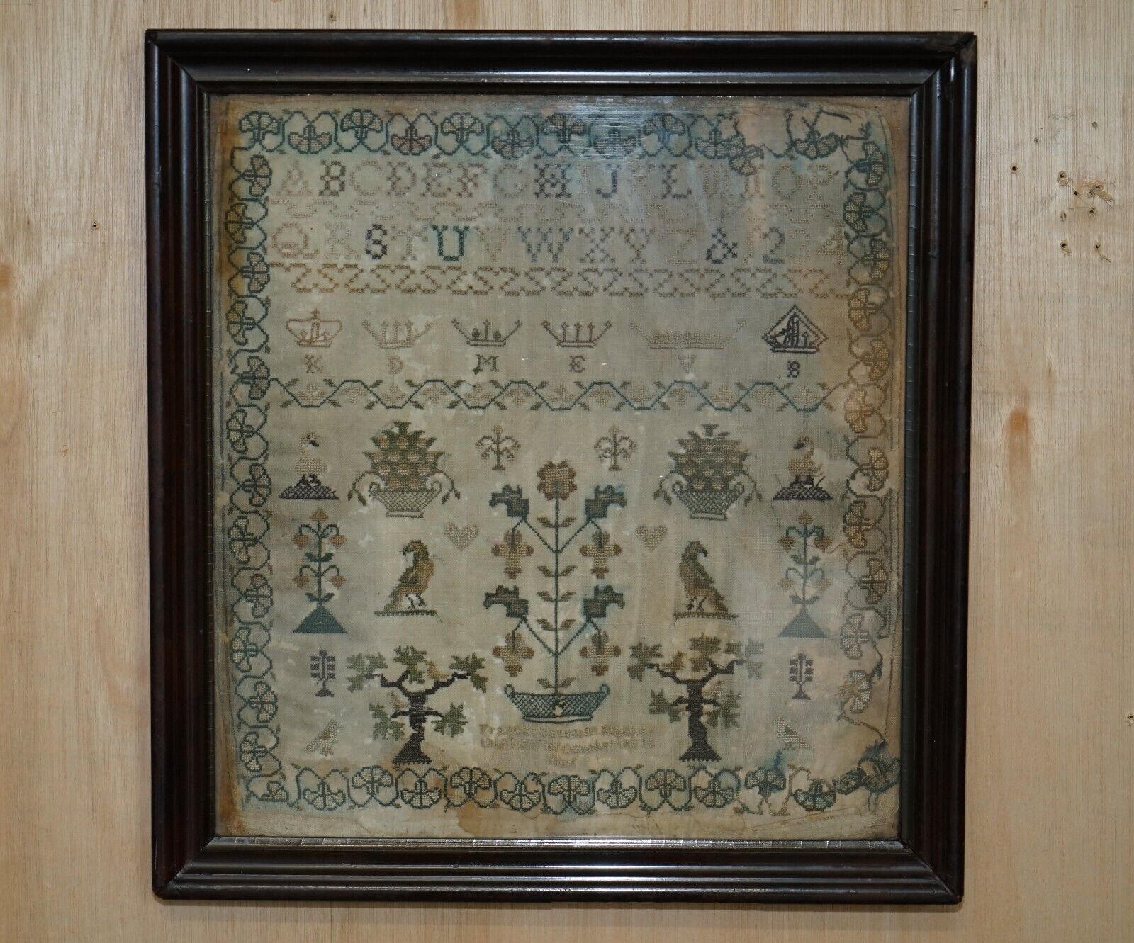 ANTIQUE 1838 ORIGINAL EARLY VICTORIAN NEEDLEWORK SAMPLER IN THE PERIOD FRAME