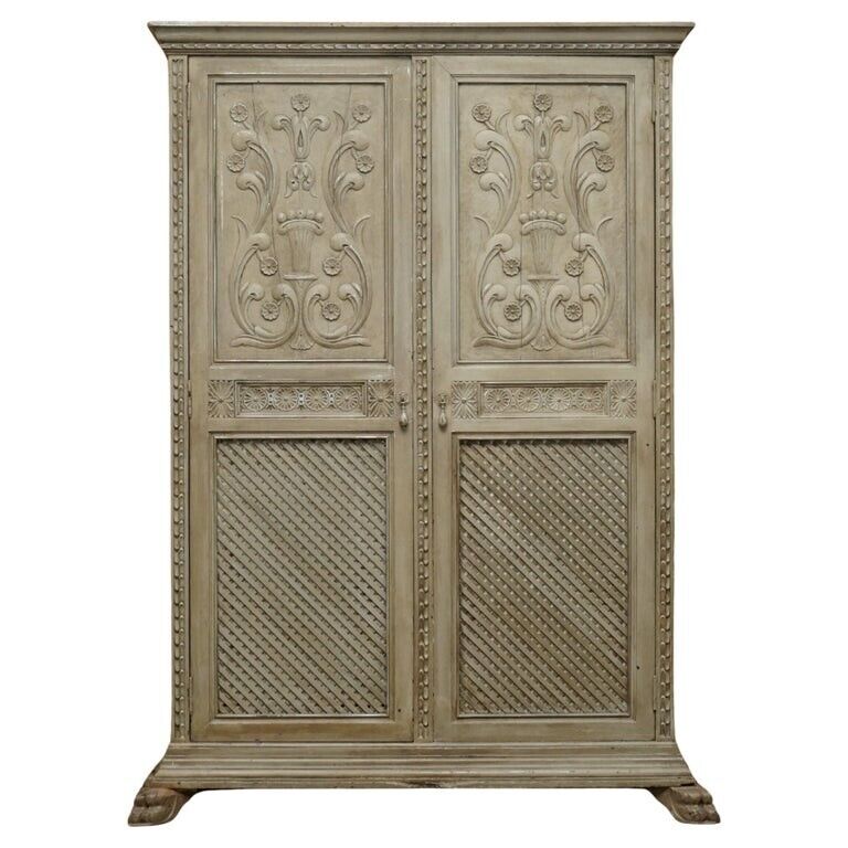 ANTIQUE JACOBEAN REVIVAL HAND CARVED ARMOIRE WARDROBE WITH GREY FRENCH PAINT