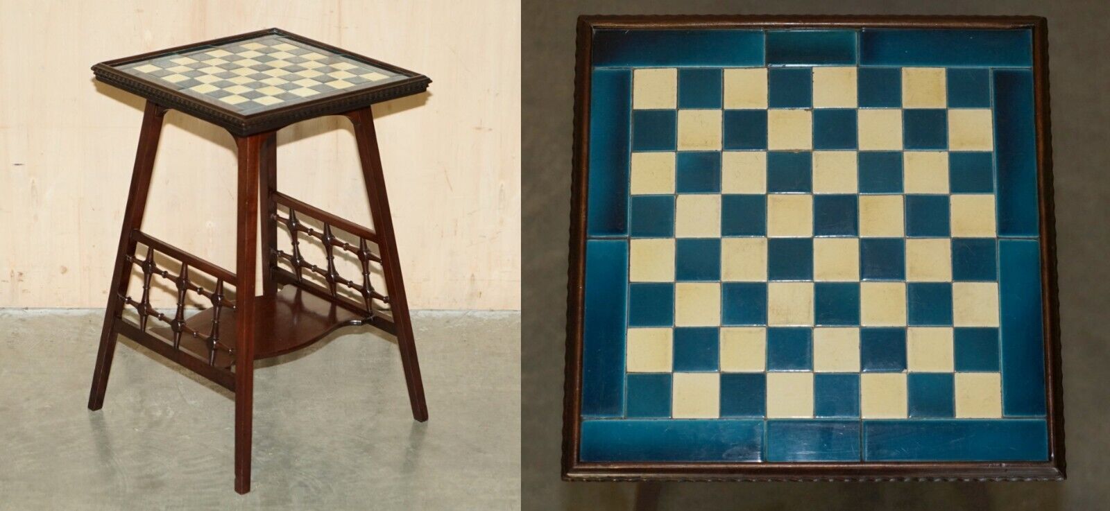 ANTIQUE VICTORIAN AESTHETIC MOVEMENT STYLE TILED TOP CHESSBOARD CHESS TABLE