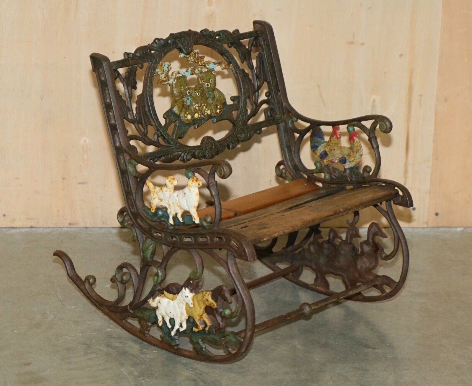 ANTIQUE VICTORIAN CAST IRON HAND PAINTED SMALL CHILDRENS GARDEN ROCKING ARMCHAIR