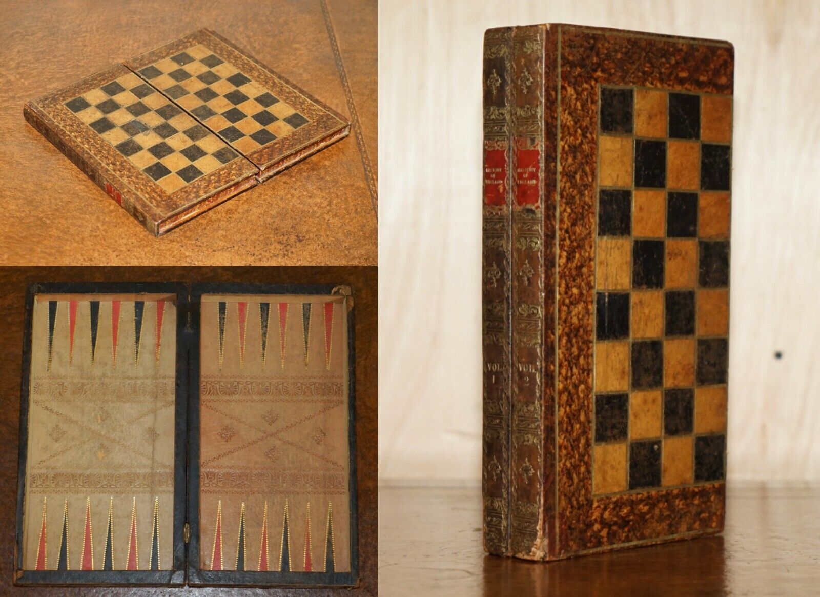 ANTIQUE VICTORIAN FOLDING FAUX BOOK FRENCH CHESSBOARD & BACKGAMMON BOARD LEATHER