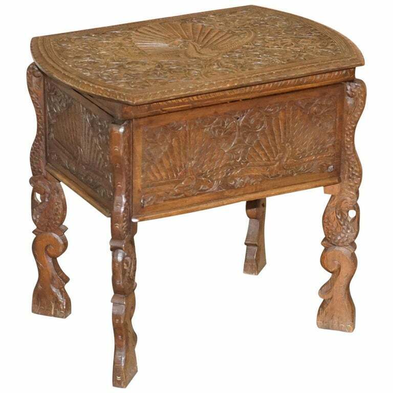 CIRCA 1880 BURMESE HAND CARVED PEACOCK SEWING TABLE CUPBOARD CHEST OPEN TOP