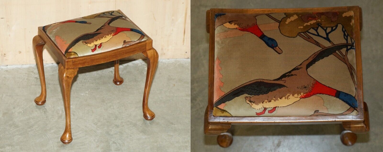 CIRCA 1930'S ENGLISH WALNUT MULBERRY FLYING DUCKS VELVET DRESSING TABLE STOOL