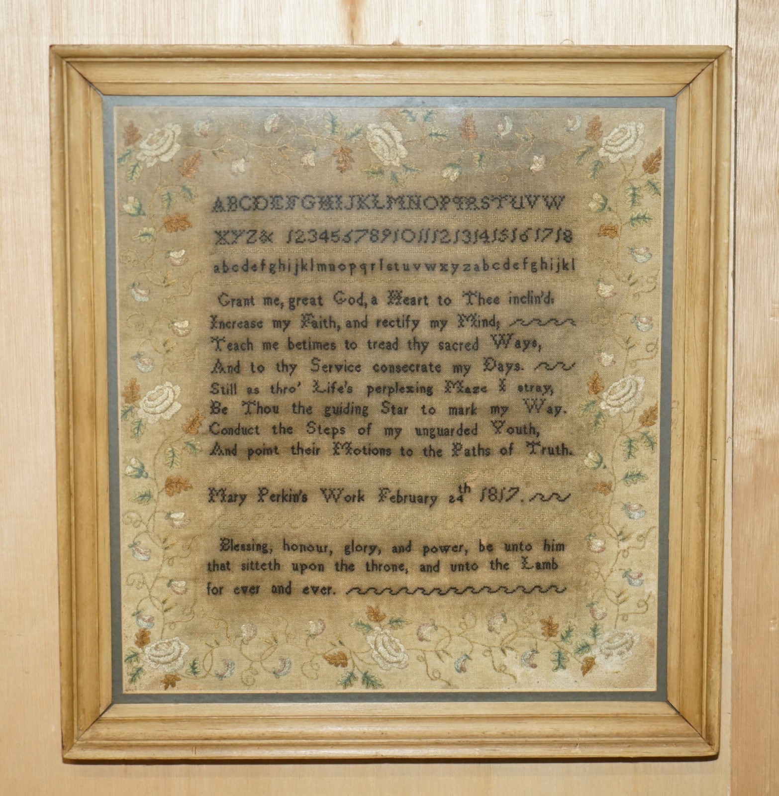 COLLECTABLE-ANTIQUE-ANTIQUE-1817-MARY-PERKINS-GEORGE-III-NEEDLEWORK-SAMPLER-205788813414-2