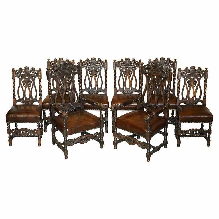 EIGHT HAND CARVED ARMORIAL CREST COAT OF ARMS ANTIQUE JACOBEAN DINING CHAIRS