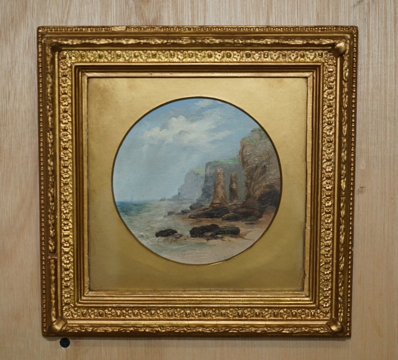 EXQUISITE A J STICKS SIGNED SMALL OIL PAINTING FRAME BY S L NIELSEN SEA & CLIFFS