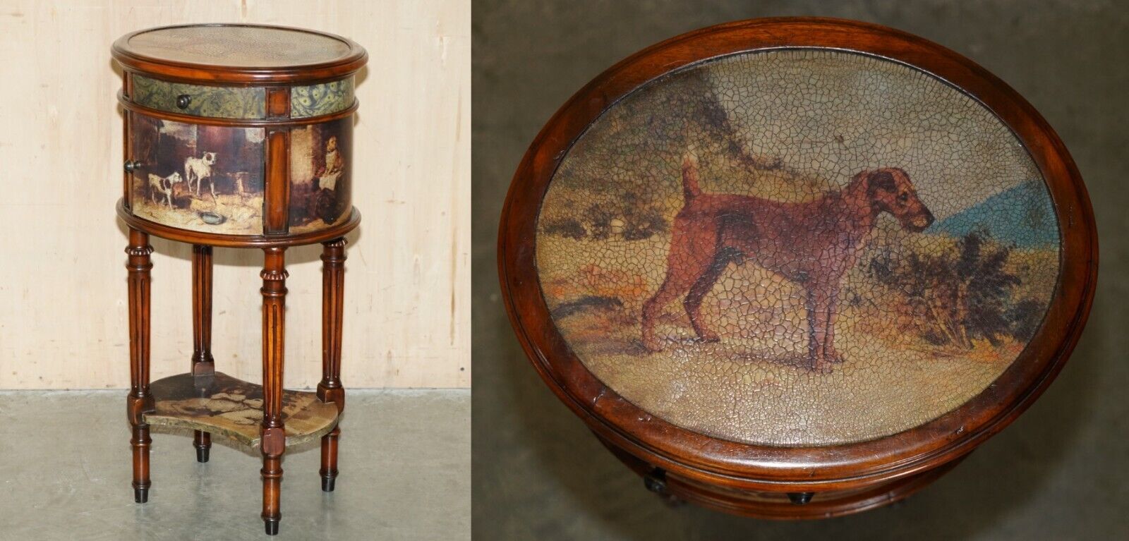 EXQUISITE TWO TIER TALL SIDE TABLE CABINET LEATHER CLADDED & PAINTED WITH DOGS