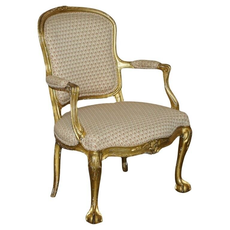 FINE GOLD GILTWOOD 18TH CENTURY CLAW & BALL FEET CARVED ANTIQUE BERGERE ARMCHAIR