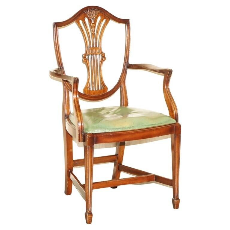 GEORGE HEPPLEWHITE WHEATGRASS CARVER DESK ARMCHAIR IN MAHOGANY GREEN LEATHER