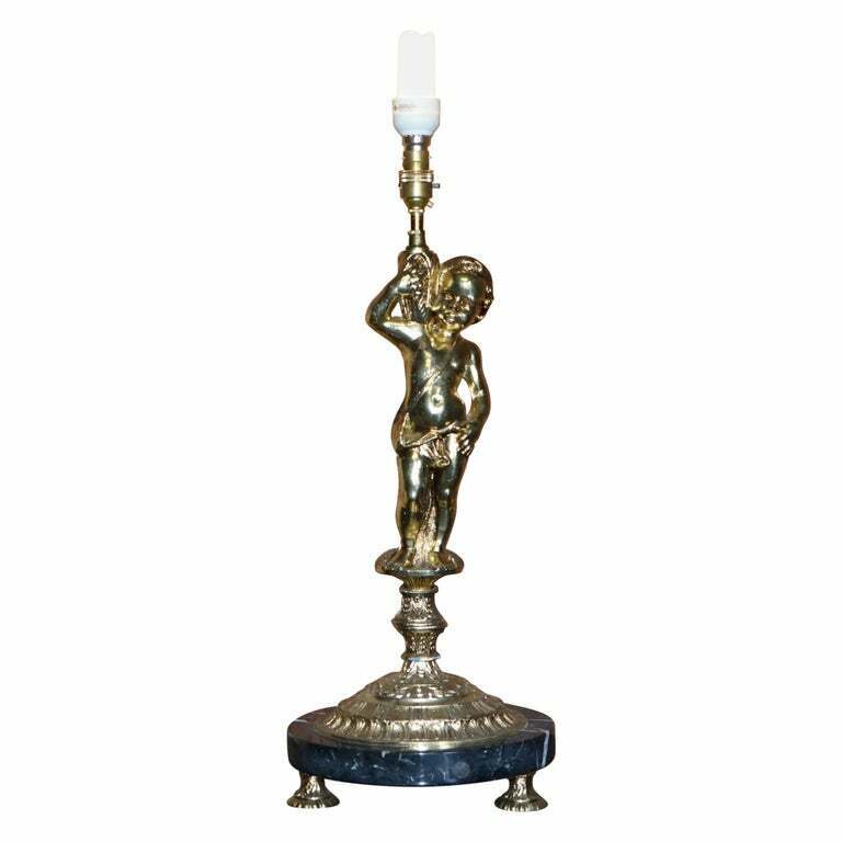 LOVELY LARGE SIZED CIRCA 1940'S MARBLE & BRASS LAMP WITH CHERUB PUTTI'S ANGEL