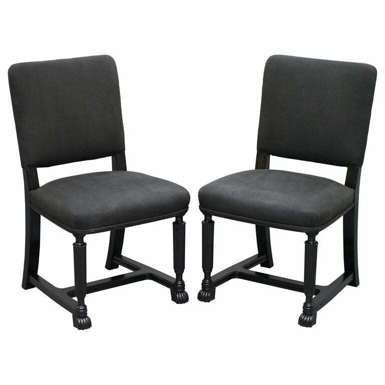 LOVELY PAIR OF EICHHOLTZ OCCASIONAL CHAIRS EBONISED FRAMES GREY LINEN UPHOLSTERY