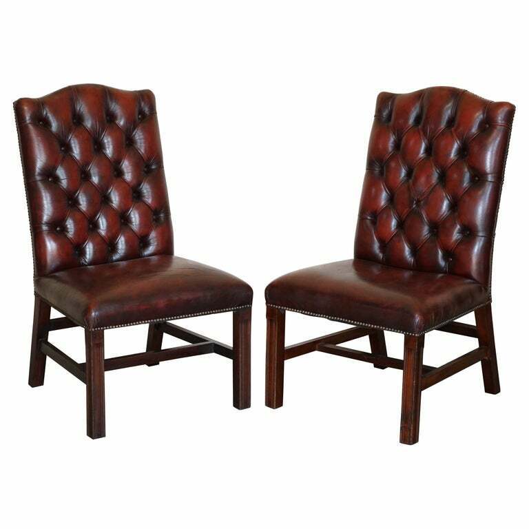 NICE PAIR OF OXBLOOD LEATHER VINTAGE CHESTERFIELD GAINSBOROUGH SIDE CHAIRS