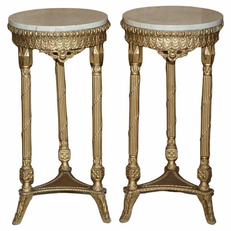 PAIR OF ANTIQUE GILTWOOD MARBLE TOPPED JARDINIERE PLANT MARBLE BUST STANDS