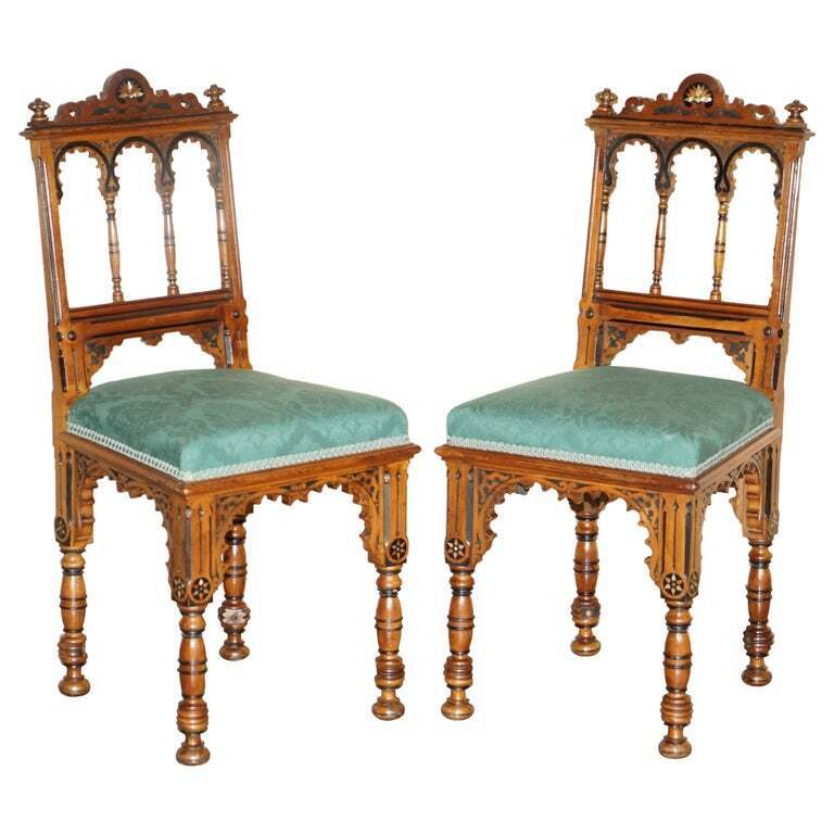 PAIR OF EXCEPTIONAL ANTIQUE VICTORIAN AESTHETIC MOVEMENT CHAIRS MOTHER OF PEARL