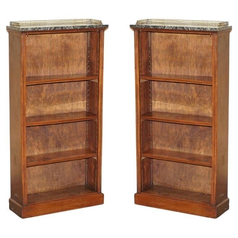 PAIR OF FINE ANTIQUE REGENCY MAHOGANY BRASS GALLERY & MARBLE DWARF BOOKCASES