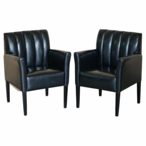 PAIR OF RESTORED ART DECO MID CENTURY MODERN STYLE FLUTED BACK LEATHER ARMCHAIR