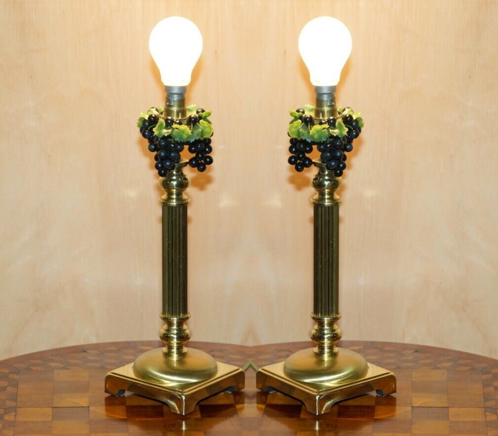 PAIR OF VINTAGE CORINTHIAN PILLAR BRASS DESK LAMPS WITH GRAPE VINE DETAILING