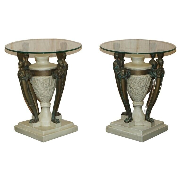 PAIR OF VINTAGE EGYPTIAN REVIVAL SIDE END LAMP WINE TABLES WITH SOLID GLASS TOPS