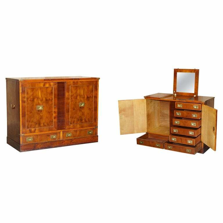 RARE BURR YEW WOOD MILITARY CAMPAIGN GENTLEMAN'S DRESSING TABLE CHEST OF DRAWERS