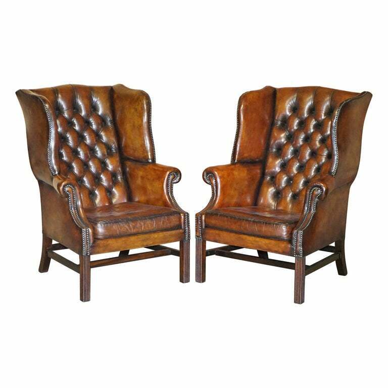 RARE PAIR OF VINTAGE CHESTERFIELD TUFTED CIGAR BROWN LEATHER WINGBACK ARMCHAIRS