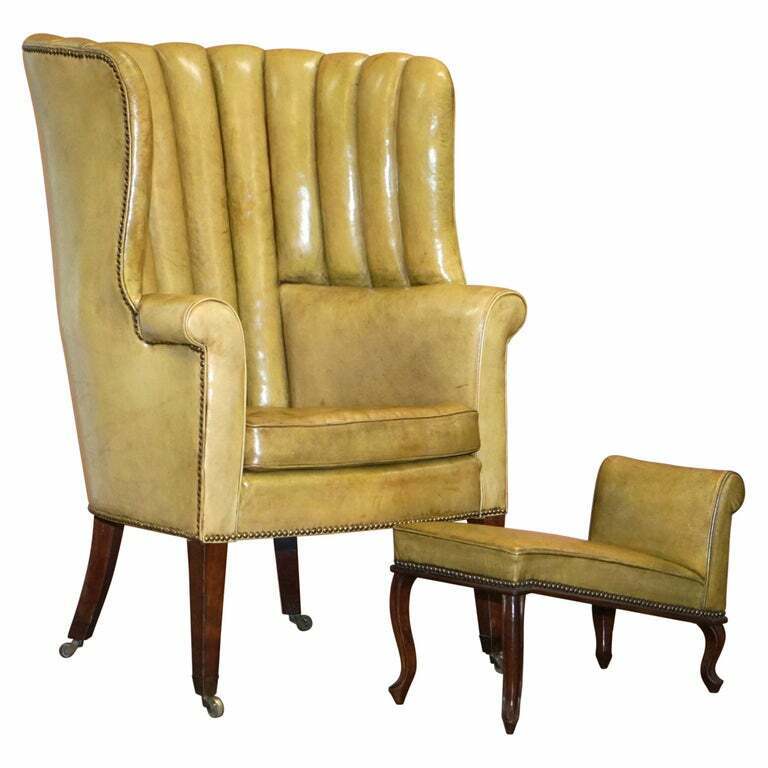 REGENCY CIRCA 1815 FLUTED BARREL BACK LEATHER WING ARMCHAIR & MATCHING STOOL