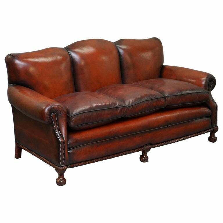 RESTORED VICTORIAN HAND DYED BROWN LEATHER SOFA CLAW & BALL FEET FEATHER CUSHION