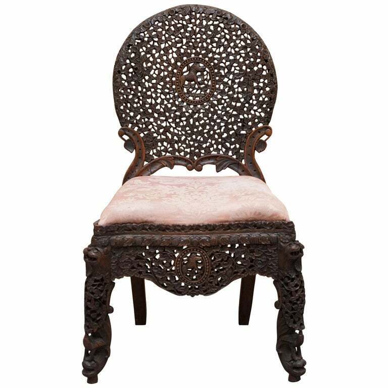 ROSEWOOD HAND CARVED ANGLO INDIAN BURMESE CHAIR WITH FLORAL DETAILING ALL OVER