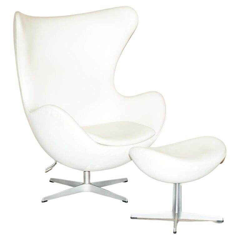 RRP £17,649 STAMPED FRITZ HANSEN CREAM LEATHER EGG CHAIR & OTTOMAN FOOTSTOOL