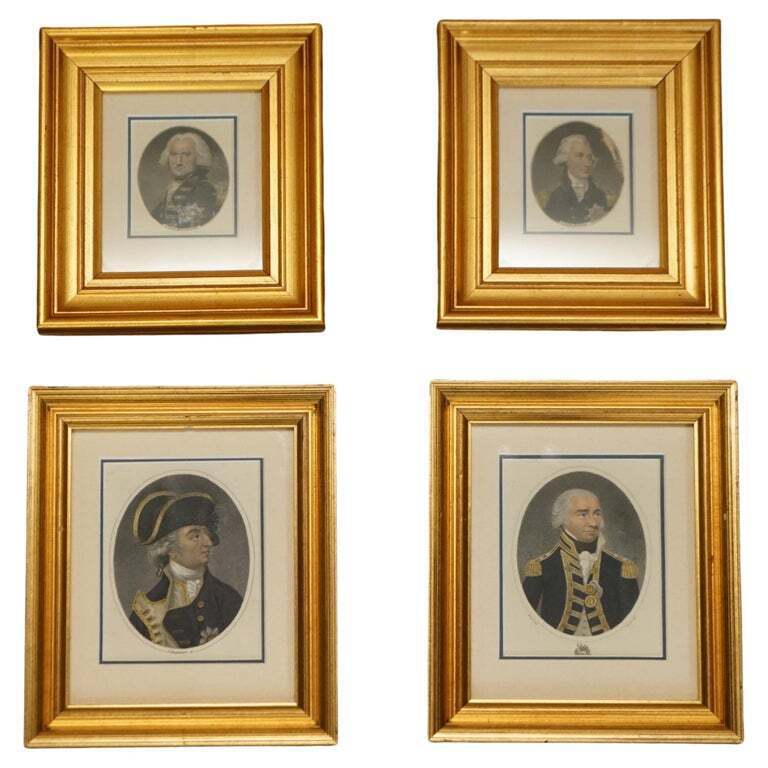 SET OF FOUR ANTIQUE NAVAL PRINTS NEW GILTWOOD FRAMES LORD BRIDPORT KEITH CHAPMAN