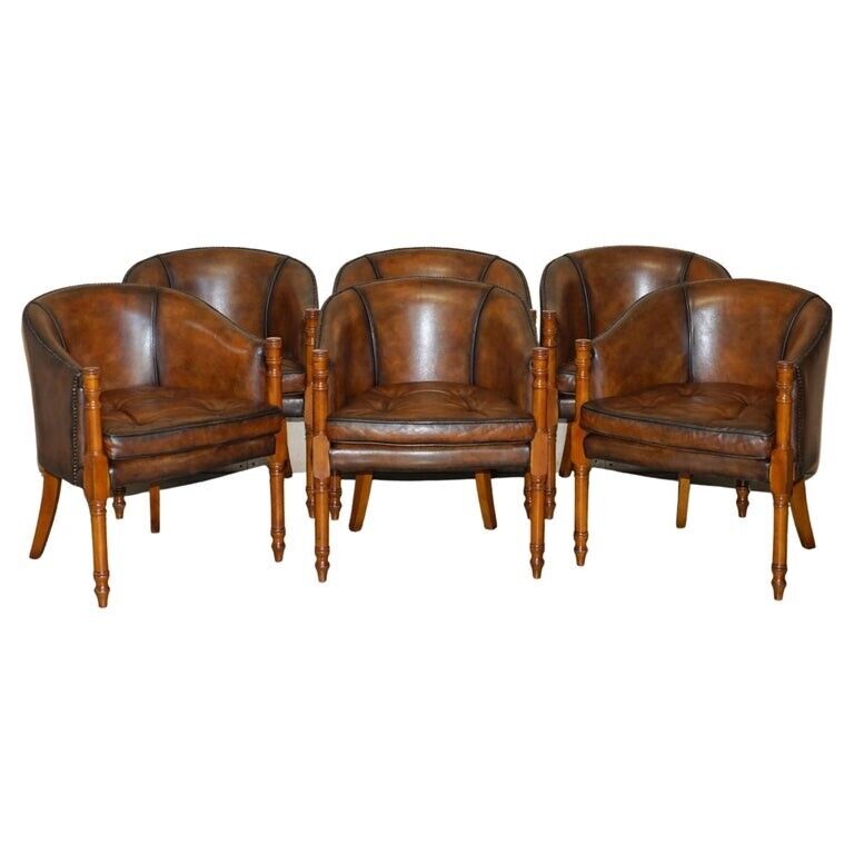 SIX HAND DYED BROWN LEATHER THOMAS CHIPPENDALE CHESTERFIELD TUB CLUB ARMCHAIRS