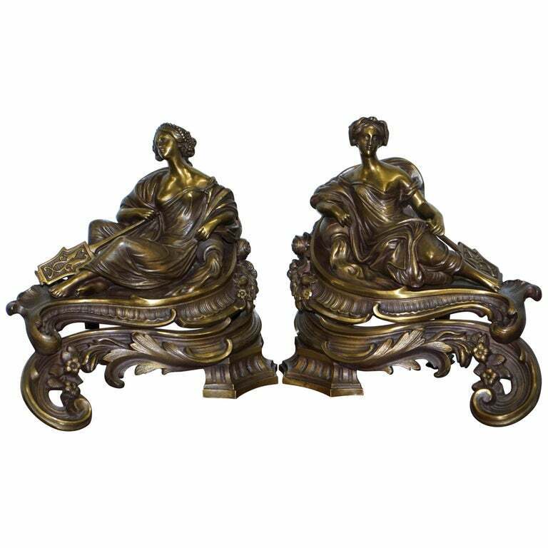 STUNNING PAIR OF EARLY LOUIS XVI FRENCH BRONZE CHENETS AFTER BOUHON FRES PARIS