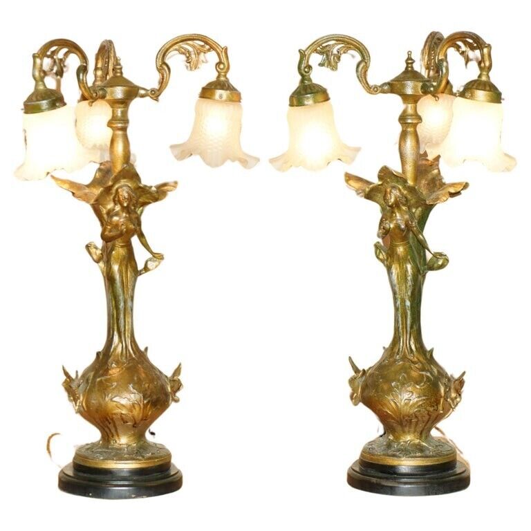 STUNNING PAIR OF LARGE VINTAGE ART NOUVEAU BRONZED THREE BRANCH TABLE LAMPS