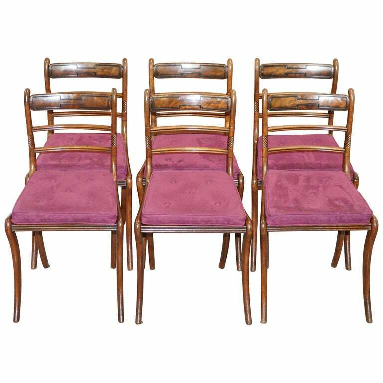 STUNNING SUITE OF 6 REGENCY MAHOGANY BERGERE DINING CHAIRS VELVET CHESTERFIELD