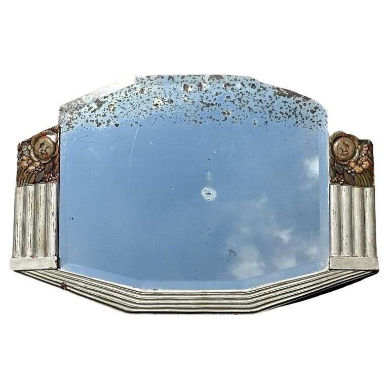 SUBLIME ANTIQUE 1920'S ART DECO NEW YORK FAN MIRROR WITH HEAVILY FOXED PLATE