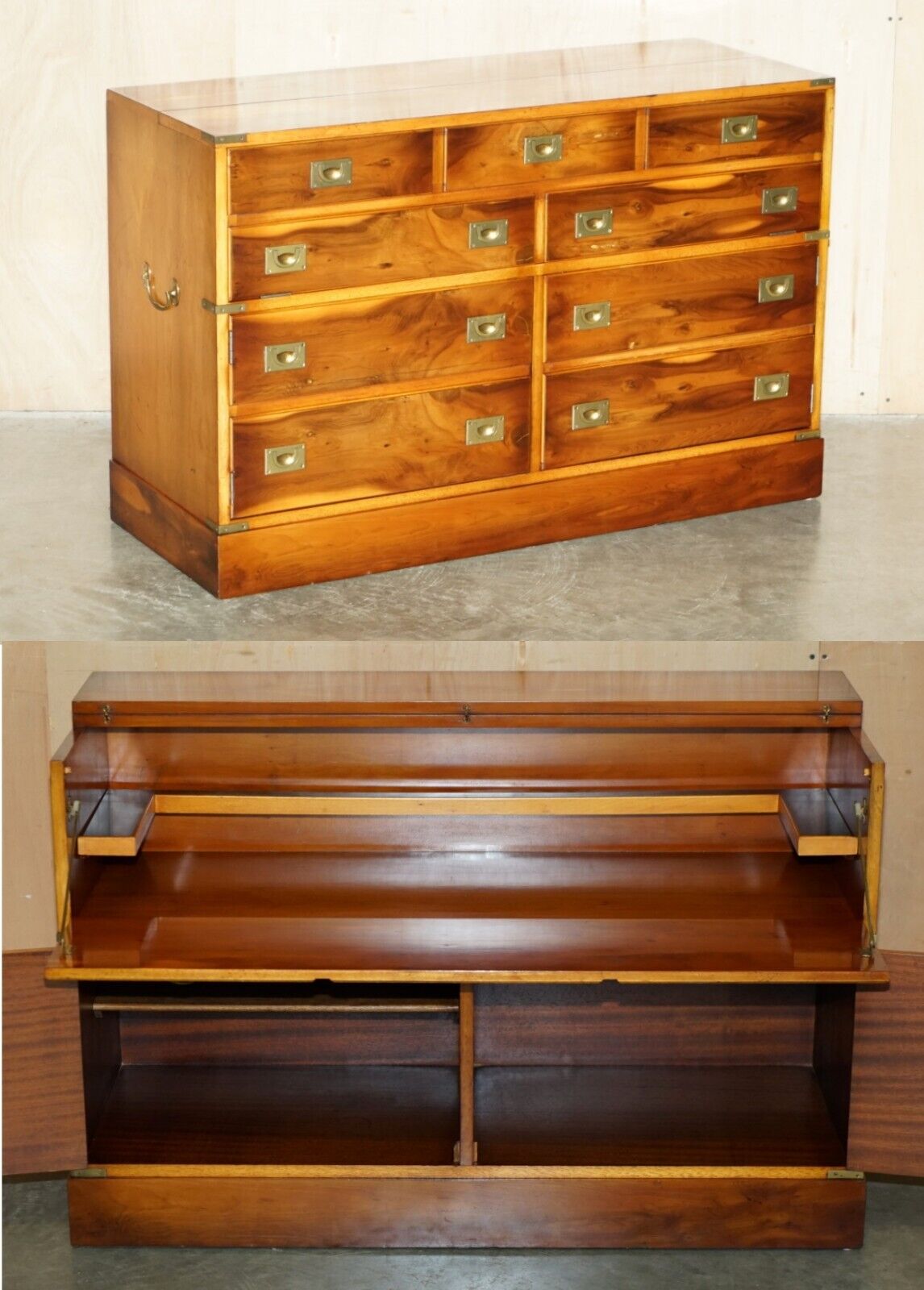 SUBLIME VINTAGE BURR WALNUT MILITARY CAMPAIGN DRINKS CABINET HIDDEN IN SIDEBOARD