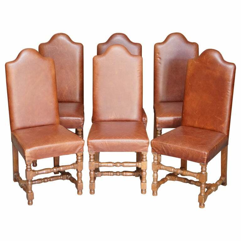 SUITE OF SIX ANTIQUE OAK & HERITAGE LEATHER CROMWELLIAN DINING CHAIRS HIGH BACKS