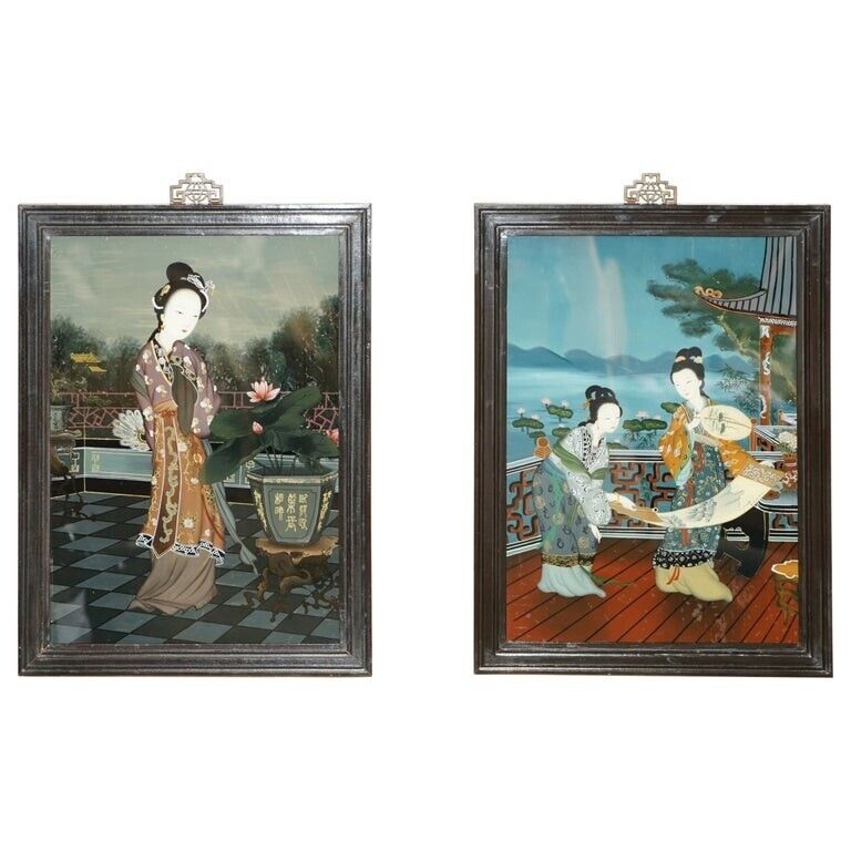 Sublime Pair of Antique Chinese Ancestral Portrait Hand Painted Glass Paintings