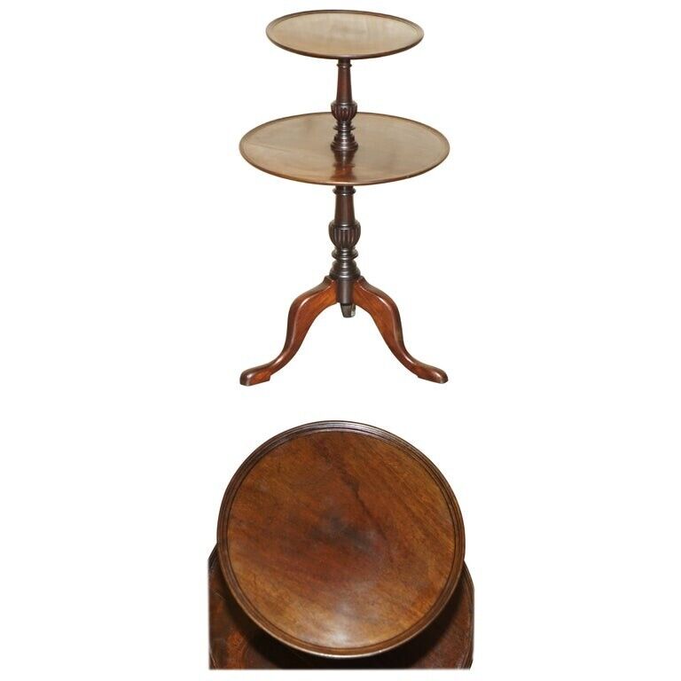 TWO TIERED ANTIQUE MAHOGANY TRIPOD TABLE WITH ROTATING MIDDLE SHELF