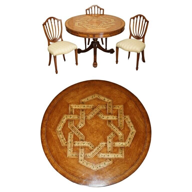 VINTAGE CELTIC DESIGN BURR OAK & WALNUT DINING OCCASIONAL GAMES TABLE & CHAIRS