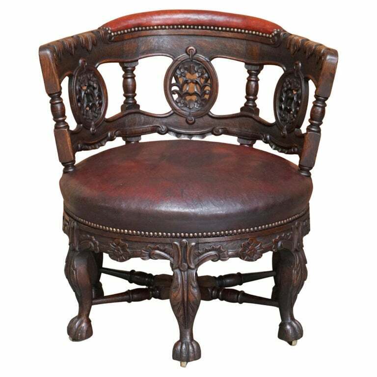 ANTIQUE CARVED VICTORIAN OXBLOOD LEATHER BURGERMEISTER CHAIR 17TH CENTURY DESIGN